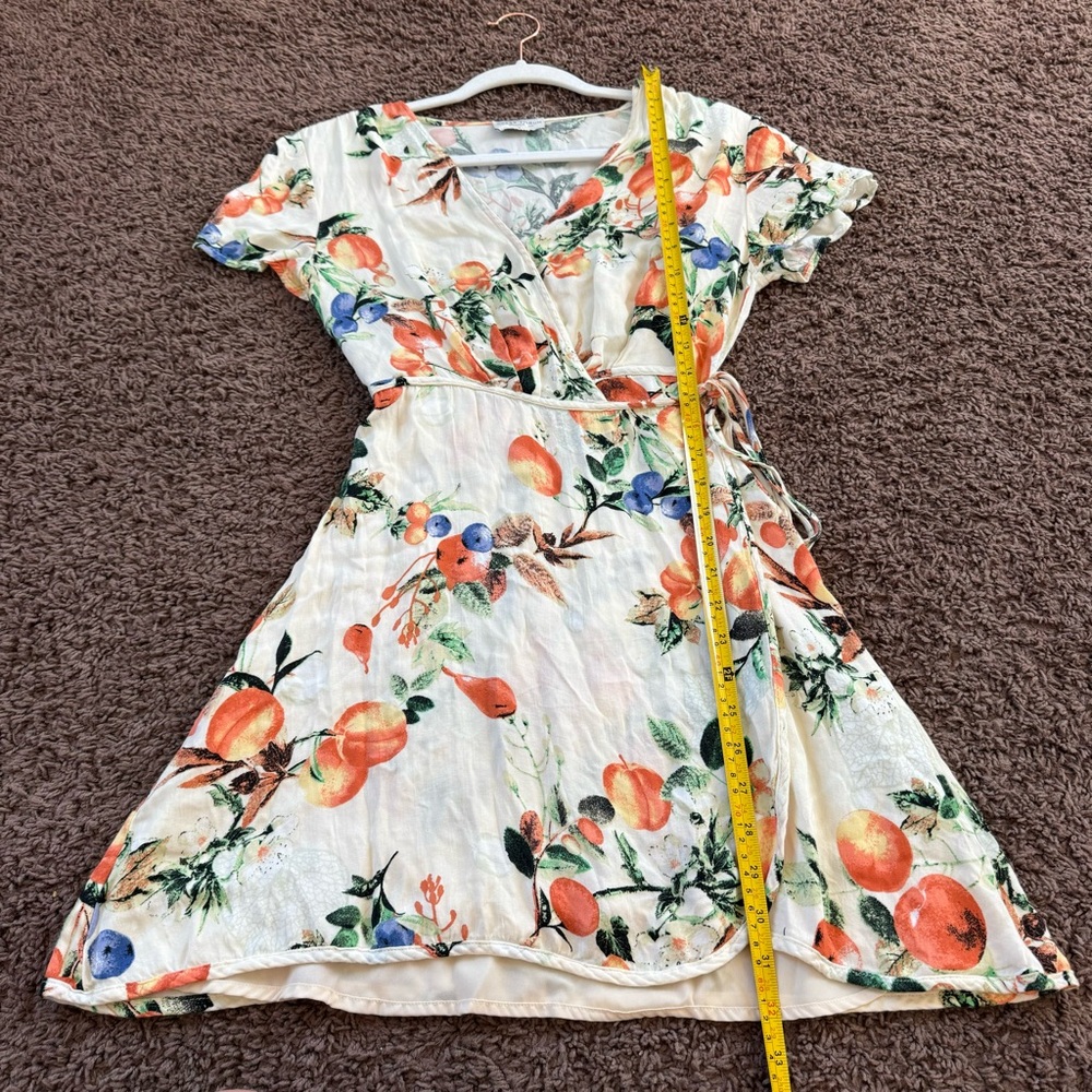 Dress Forum Peach Fruit Print Wrap Dress Short Sleeve Mini Size S Small - Picture 7 of 13